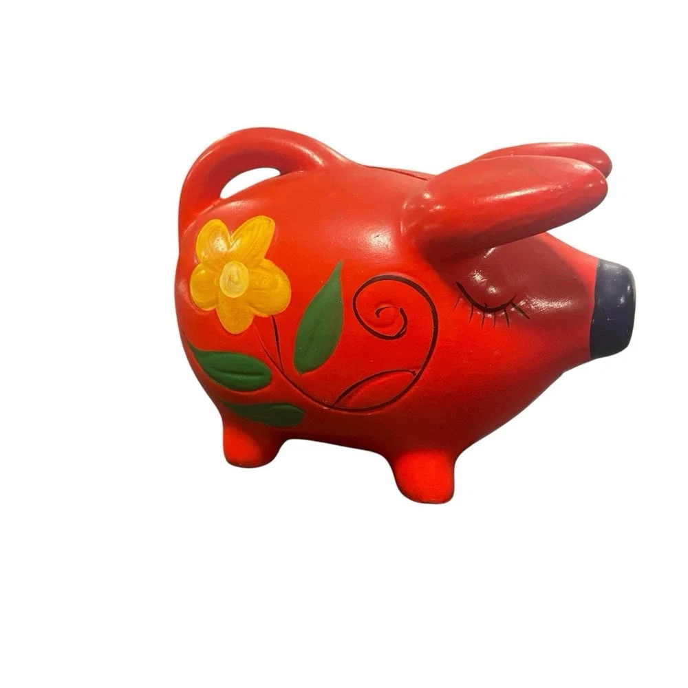 Folk Art Handpainted Piggy Bank Red/Yellow Flowers Tail Handle Ceramic Retro